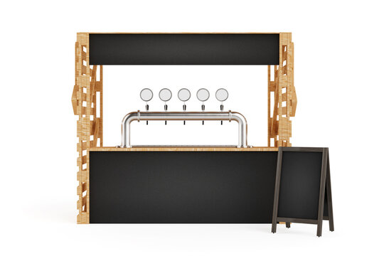 Rustic Vibe Inviting Street Bar Setup. Wooden Beer Booth with Metal Taps and Blank Signage. 3d Rendering