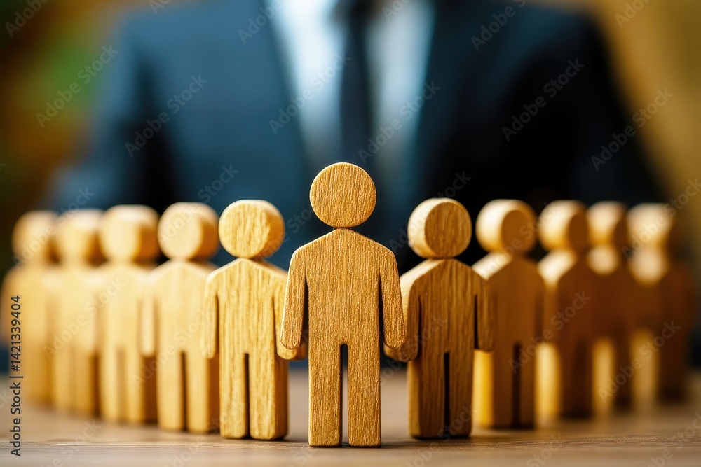 Poster group of wooden figures representing teamwork, leadership and unity in a business environment with a