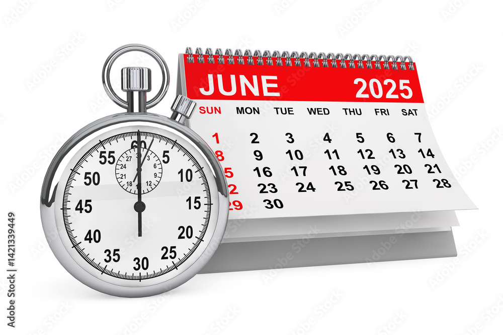 Aufkleber 2025 year june calendar with stopwatch. 3d rendering