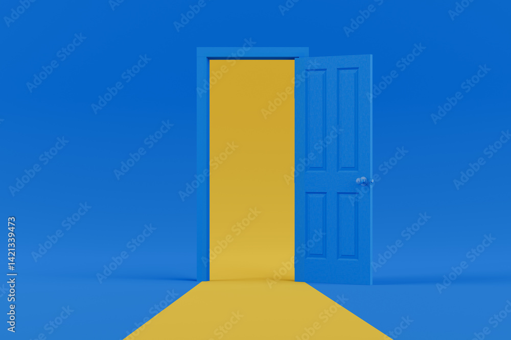 Poster new possibilities concept. yellow light going through the opening door. 3d rendering
