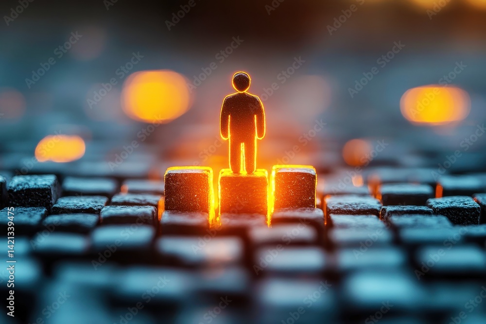 Poster abstract concept of success and achievement with a glowing figure on blocks against a dark backgroun