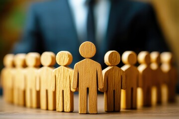 Group of Wooden Figures Representing Teamwork, Leadership and Unity in a Business Environment with a Blurred Professional Appearance in Background