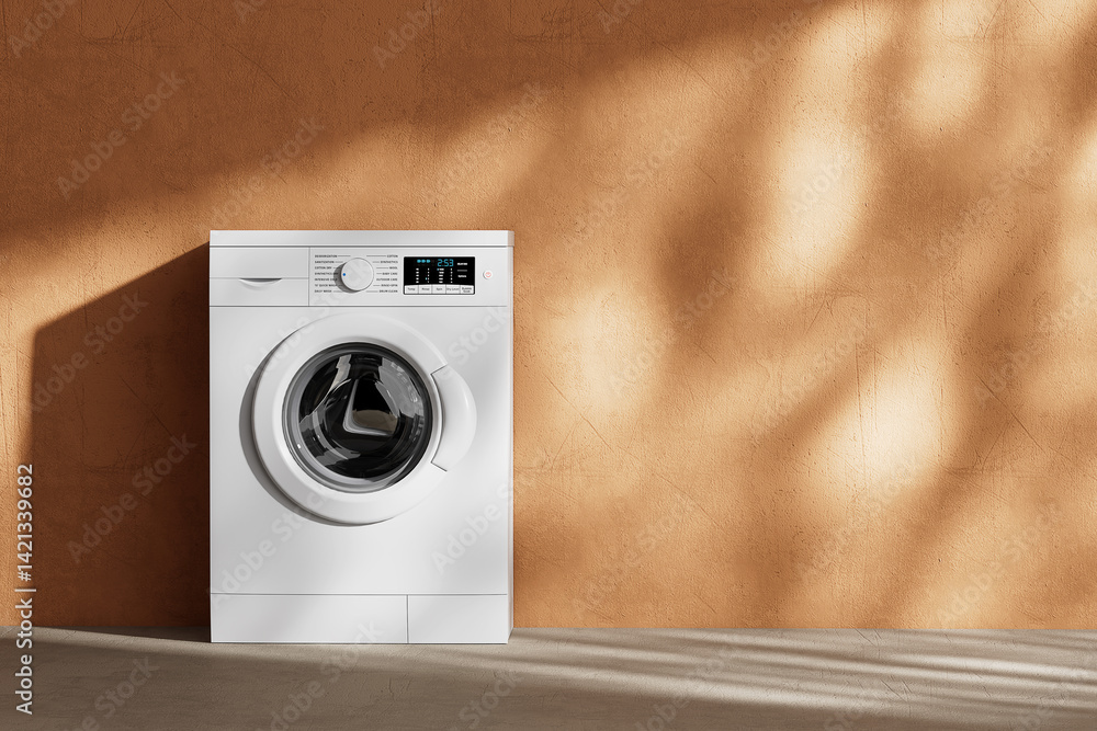 Aufkleber minimalist white modern washing machine on textured warm wall background with sunlight and soft shad