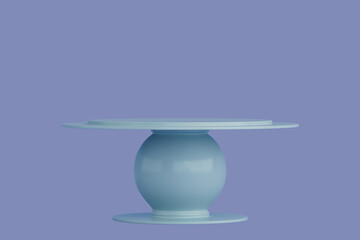 Glossy Blue Stylish Turquoise Cake Stand, Round Pedestal Table with Spherical Base, Modern Minimal Style and Futuristic Clean Design. 3d Rendering