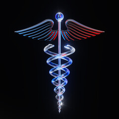 Chrome Medical Caduceus Symbol in Neon Light. 3d Rendering