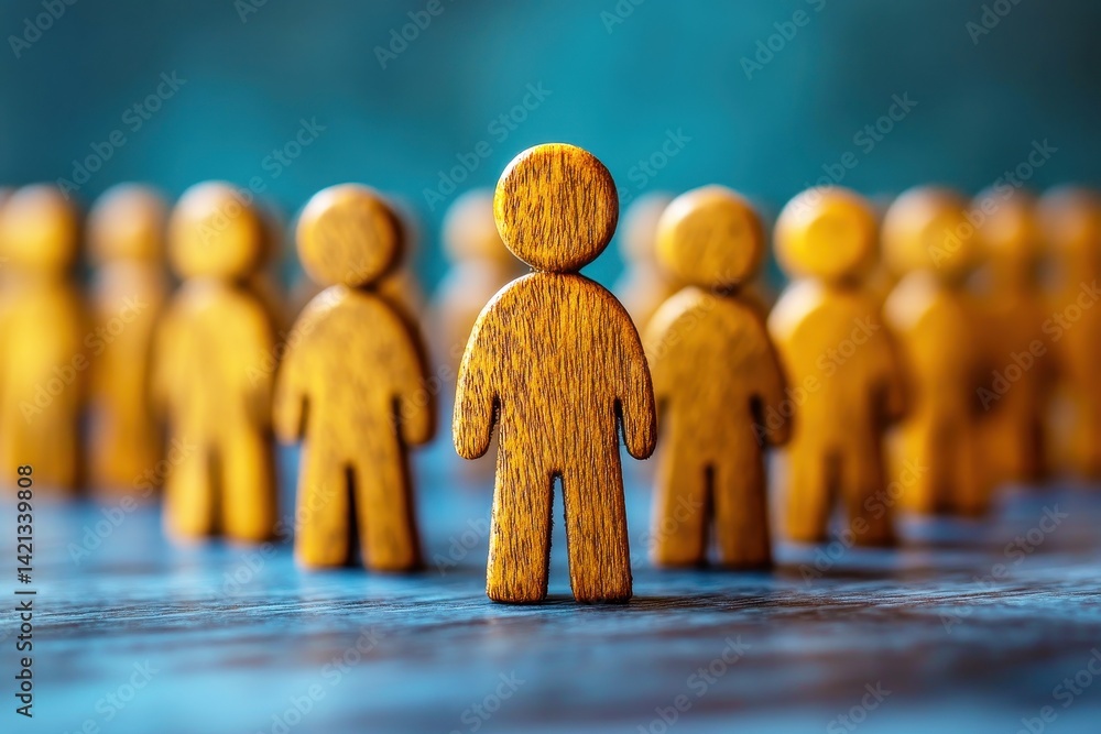 Poster wooden figurines representing individuals standing together in a blurred background emphasizing unit