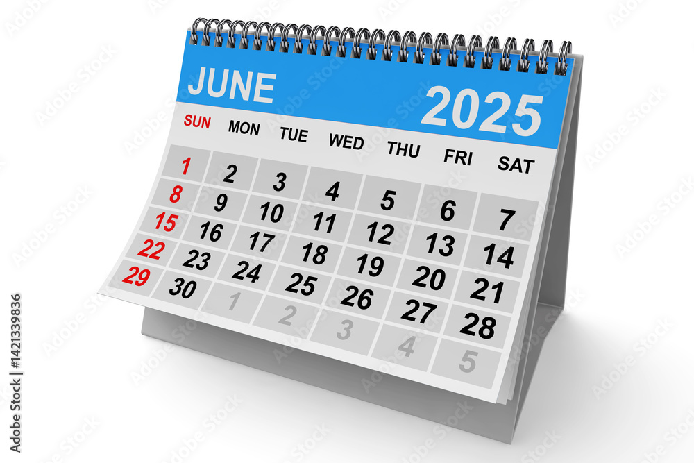 Aufkleber 2025 year june calendar. 3d rendering