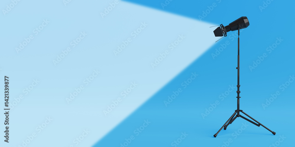 Poster studio lighting spotlight with stand and white light spot. 3d rendering