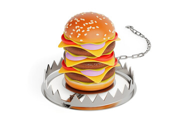 Diet Concept. Metal Bear Trap with Premium Delicious Cheeseburger. 3d Rendering