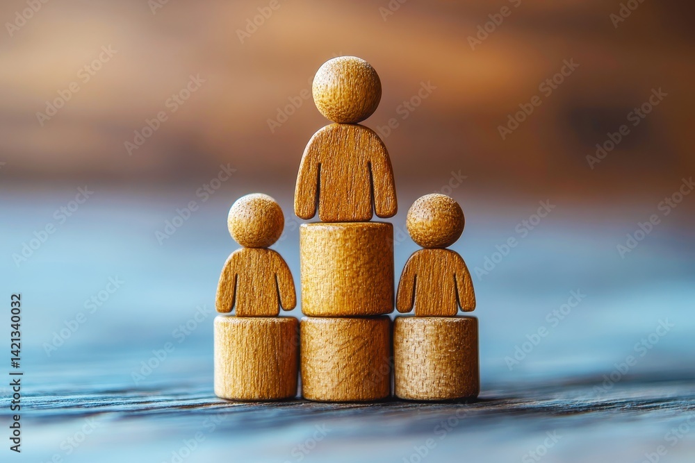 Poster wooden figures representing teamwork and collaboration with three people standing on blocks in a clo