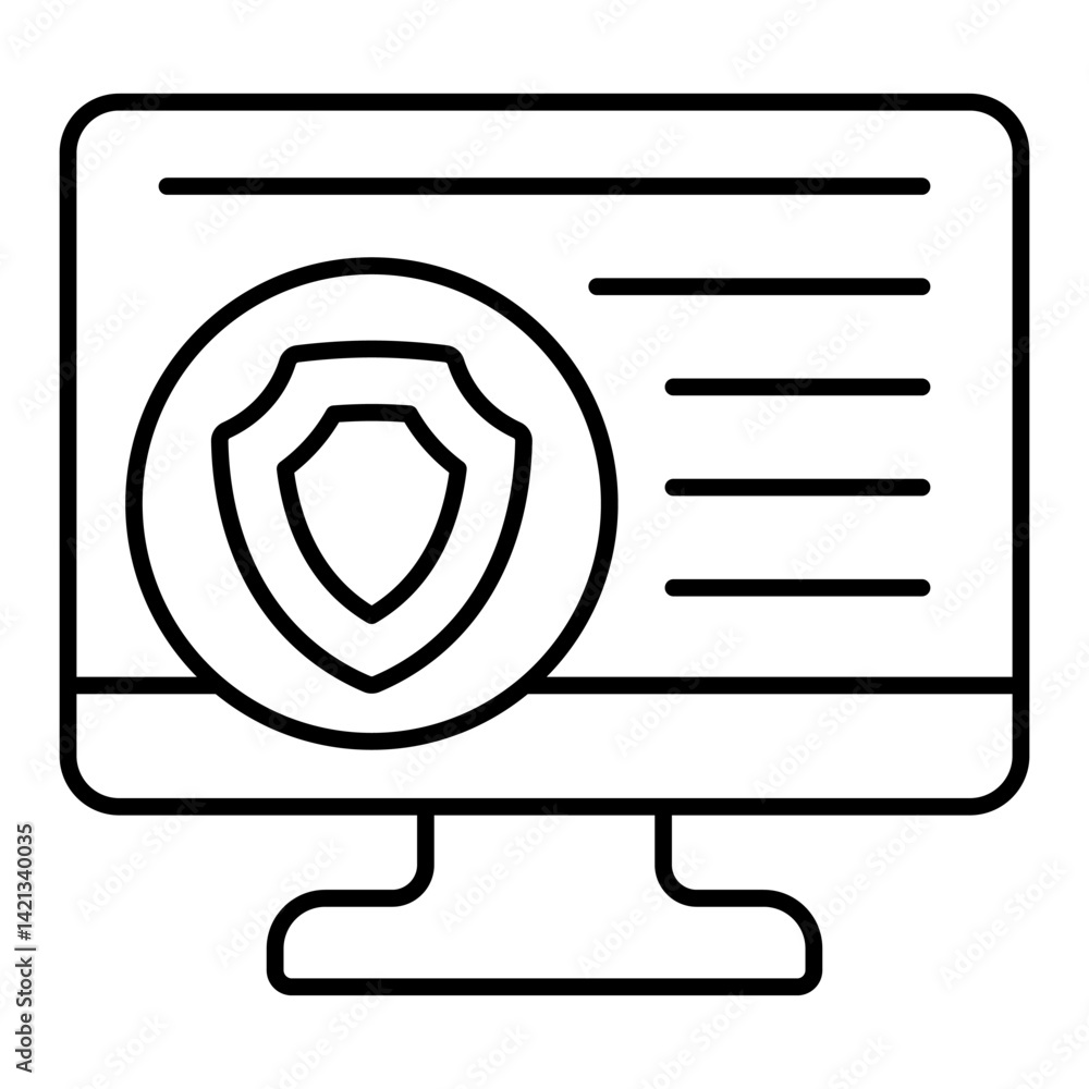 Poster monitor screen with safety emblem thin line icon, data protection concept. vector graphics. display 