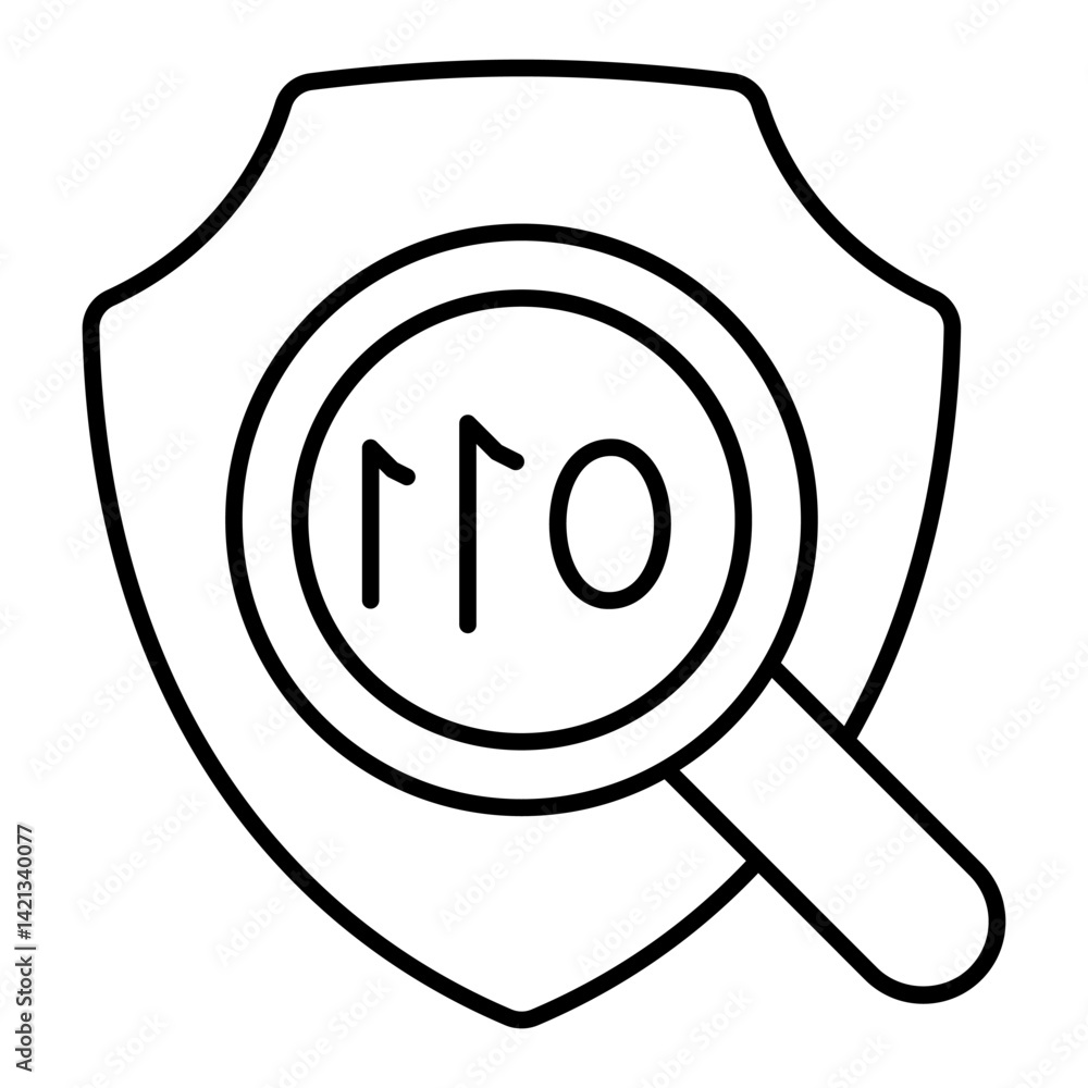 Poster data with magnifier on emblem thin line icon, data encryption concept. vector graphics. safety emble