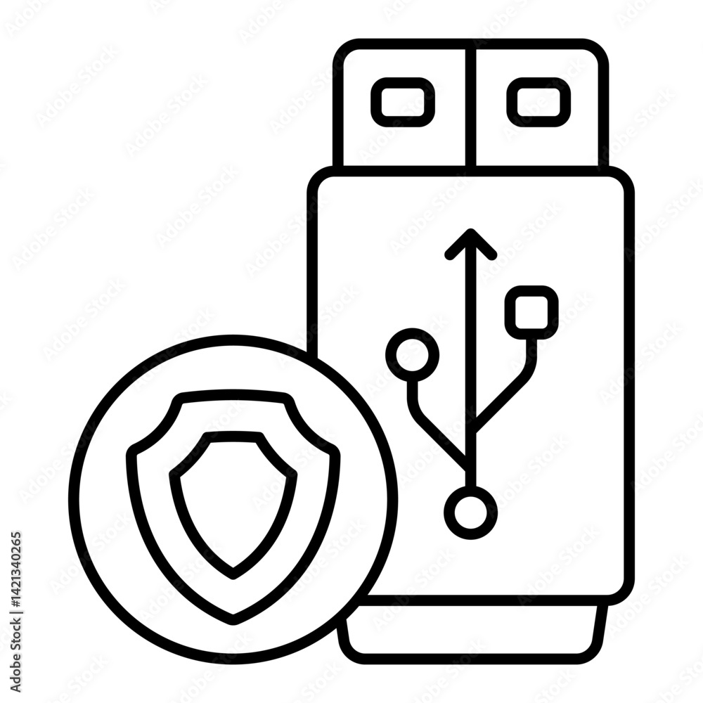 Aufkleber flash drive with emblem thin line icon, data backup concept. vector graphics. portable disk drive, s