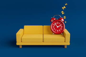 Red Alarm Clock Sleeps and Snores Relaxed on a Yellow Sofa. 3d Rendering