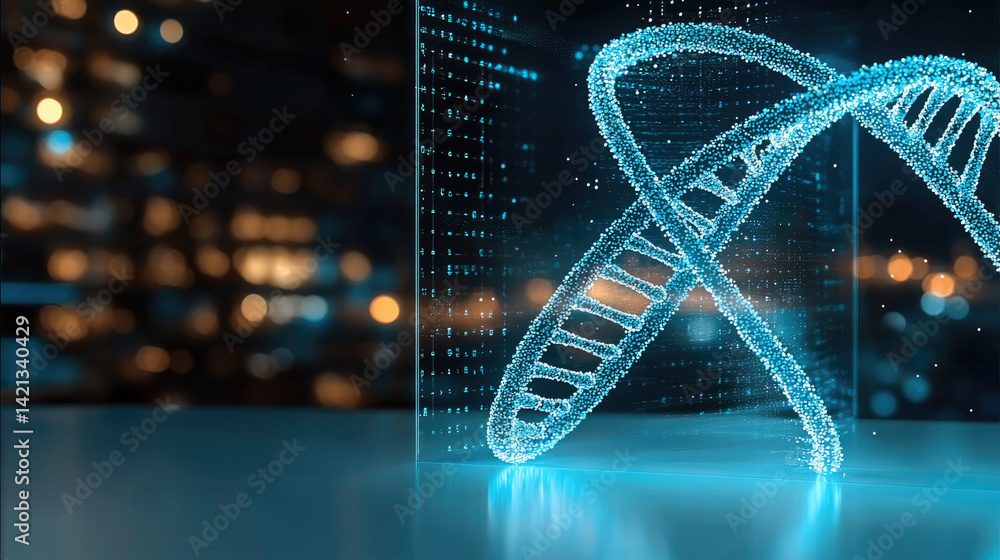 Fototapete glowing DNA helix strand is displayed in futuristic setting, surrounded by digital elements and soft bokeh lights, evoking sense of innovation and scientific advancement