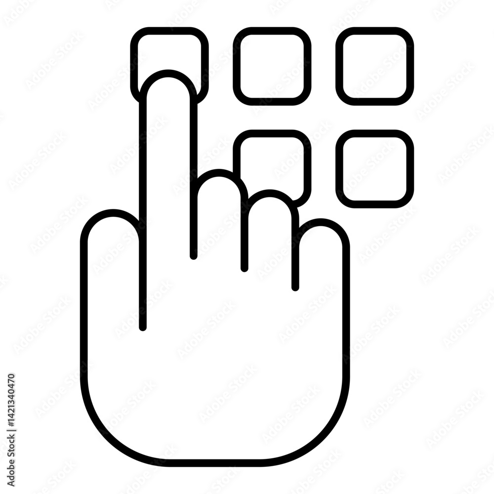 Poster typing pincode via keypad thin line icon, data protection concept. vector graphics. hand pointer wit