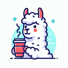 Fototapeta premium Cozy Llama with Coffee: A cute and adorable llama enjoys a warm cup of coffee, perfect for a quirky and whimsical illustration design.