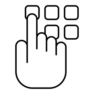 Typing pincode via keypad thin line icon, data protection concept. Vector graphics. Hand pointer with buttons, input sign on white background, linear style for mobile or design.