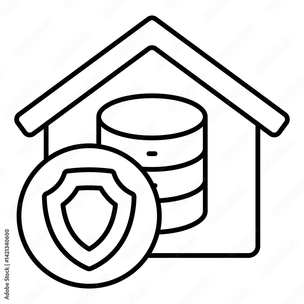 Aufkleber home space storage thin line icon, data protection concept. vector graphics. safety shield with hous