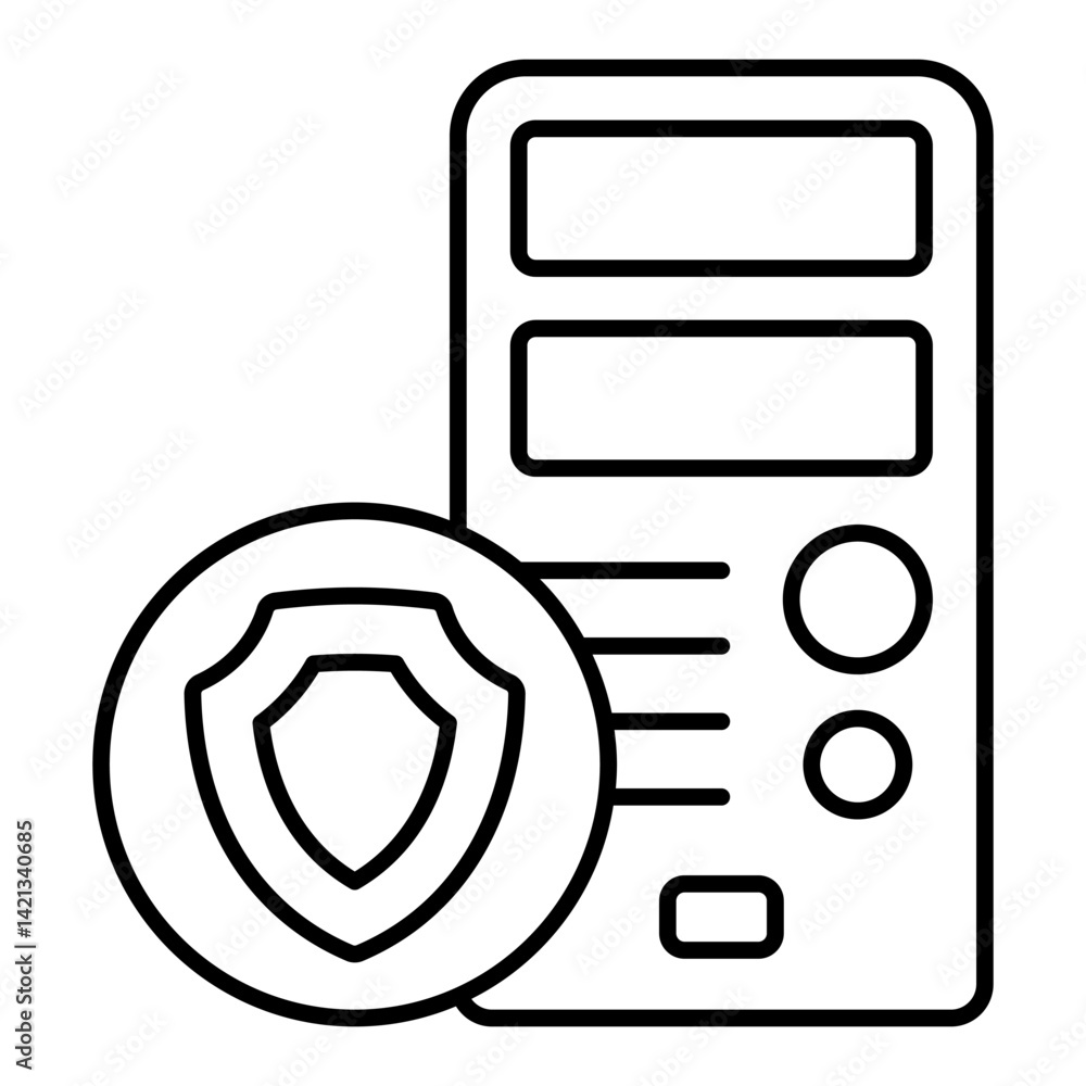 Poster desktop computer case with shield thin line icon, data protection concept. vector graphics. system u