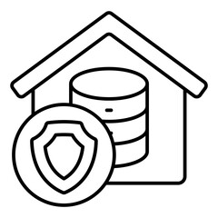 Home space storage thin line icon, data protection concept. Vector graphics. Safety shield with house, disks array sign on white background, linear style for mobile or design.