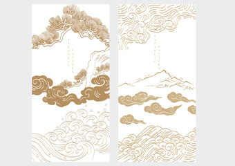 Japanese background with mountain, chinese cloud and bonsai tree pattern vector. Abstract template with geometric wave pattern. Cultue layout design in oriental style