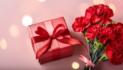Elegant Red Carnation Bouquet with Ribbon Beside Gift Box on Pink Bokeh Background リボンで束ねた赤いカーネーションの花束とギフトボックスのエレガントなピンクボケ背景