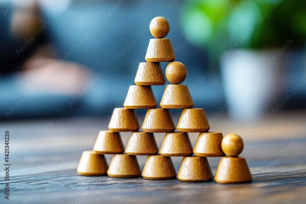 Poster wooden shape stacking game with triangular arrangement of wooden blocks on a wooden table in a cozy 