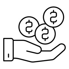 Coins at hand thin line icon, savings concept. Vector graphics. Deposit coins, money sign on white background, linear style for mobile or design.
