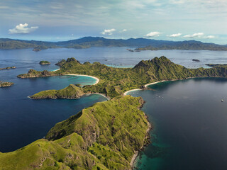 Aerial panoramic view of Padar island in Komodo National Park, Indonesia. Drone shot, top view....