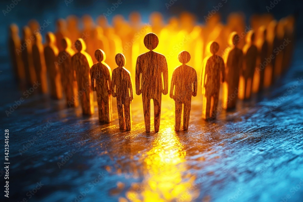 Poster group of wooden figures standing together in a circle with glowing light in the background, symboliz