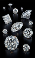 Collection of diamonds in various cuts and sizes on a black background (Diamond)