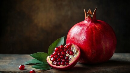 Fresh juicy pomegranate with vibrant red seeds and its halved segment surrounded by lush green leaves, perfect for healthy eating and natural food photography



