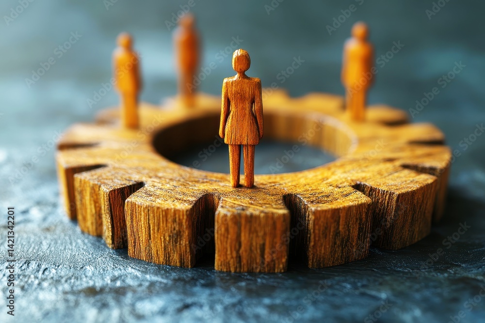 Aufkleber wooden figurines representing teamwork and collaboration around a circular gear on textured backgrou