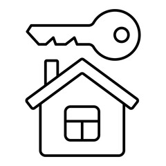 House and key thin line icon, housing market concept. Vector graphics. Real estate, cottage building sign on white background, linear style for mobile or design.