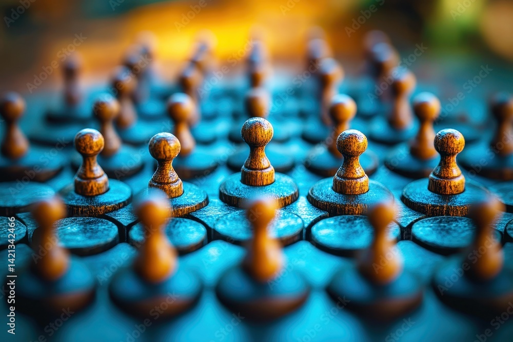 Poster close-up view of wooden game pawns on a board with soft focus background lighting and organically ar