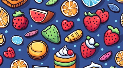 Colorful cartoon illustration features various fruits and desserts on blue