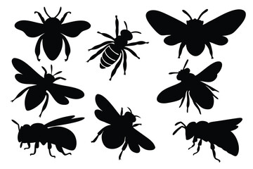  Bee silhouettes set isolated flat vector illustration on white background