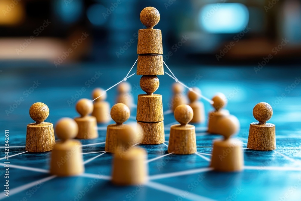 Poster wooden figures representing leadership and teamwork in an abstract business setting with connections