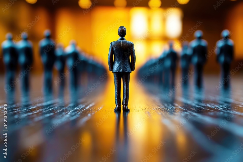 Poster a group of miniature business figures standing in formation with a blurred background signifying lea
