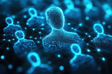 Digital Representation of Human Figures Created from Blue Light Particles Against a Dark Background, Ideal for Technology and Network Themes