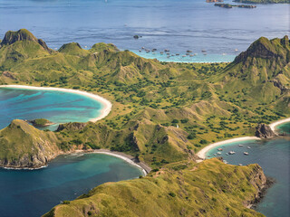 Aerial panoramic view of Padar island in Komodo National Park, Indonesia. Drone shot, top view....