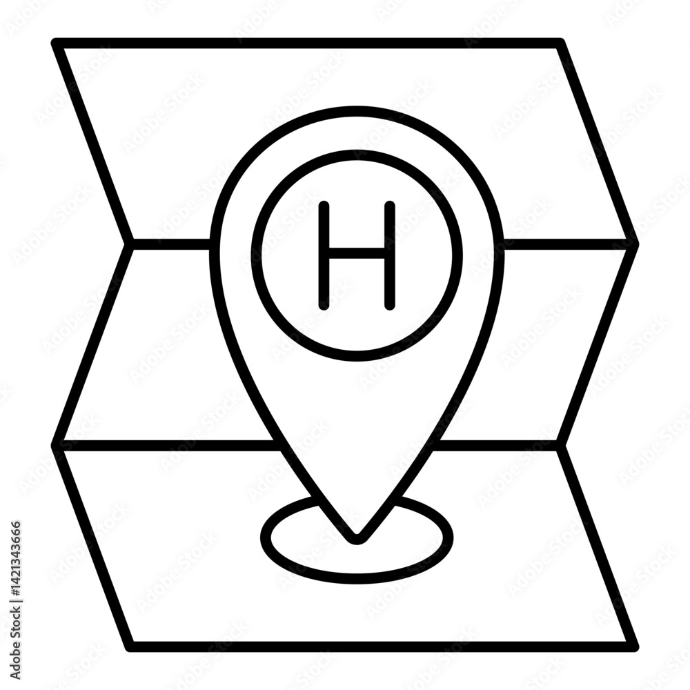 Poster hospital location pointer thin line icon, emergency service concept. vector graphics. location pin o