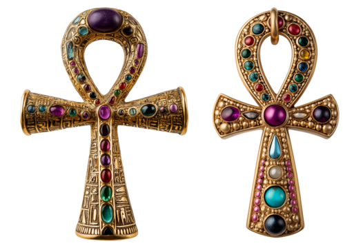 Ornate ancient Egyptian ankh symbolizing life and eternity with intricate designs in a vibrant array of colors