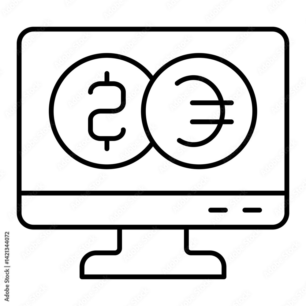 Poster monitor with two coins thin line icon, banking concept. vector graphics. display with coins, screen 
