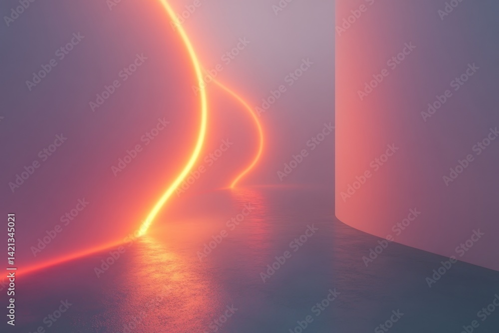 Poster abstract neon light pathway in a misty, minimalist environment with soft reflections
