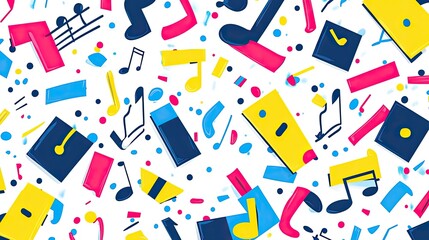 Vibrant Abstract Music Pattern: Colorful Notes, Books, and Geometric Shapes Dance on White Background