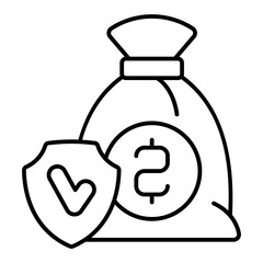 Money bag and shield thin line icon, financial advice concept. Vector graphics. Sack with coin and checkmark emblem, savings sign on white background, linear style for mobile or web.