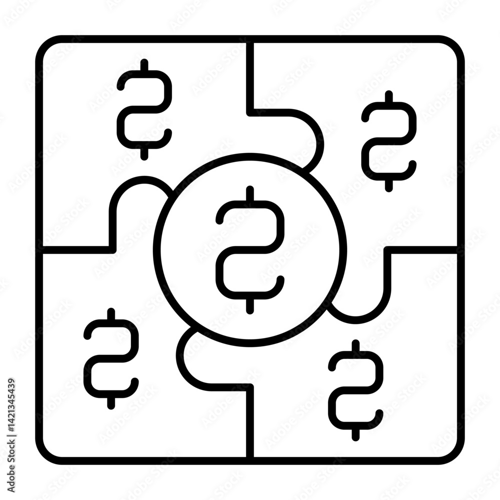 Poster puzzle pieces with coin thin line icon, financial advice concept. vector graphics. savings and incom