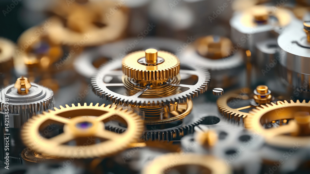 Leinwandbilder close up of intricate mechanical gears showcasing blend of gold and silver tones, highlighting craft